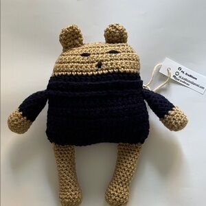 Hand Crafted Crochet Bear - Tan and Navy